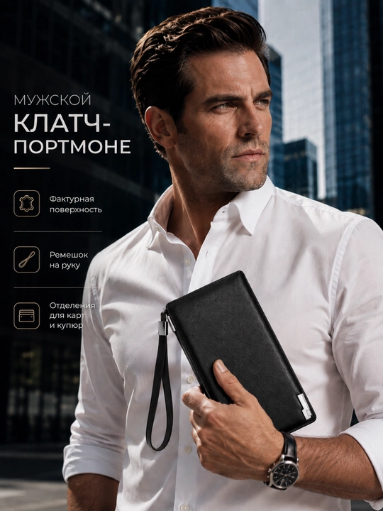 Кошелек мужской клатч - портмоне из эко-кожи, для карт - card holder и купюр с ремешком - 