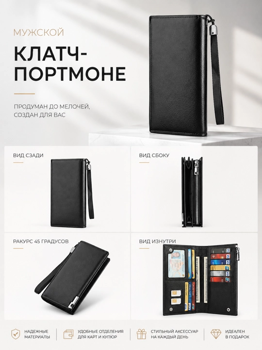 Кошелек мужской клатч - портмоне из эко-кожи, для карт - card holder и купюр с ремешком