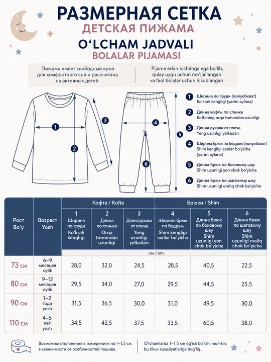 Bolalar pijamalari 1-7 yoshli bolalar uchun, paxta matodan tikilgan