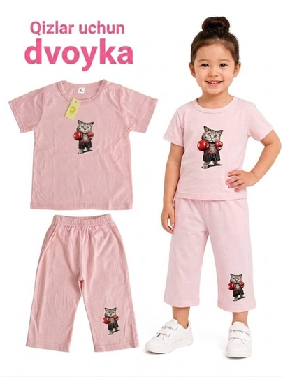 Летний стильный костюм-двойка для девочек, футболка и шорты — YNAKIDS-DVOYKAXBQIZLAR-КОРАЛЛМЕЛ-4 года