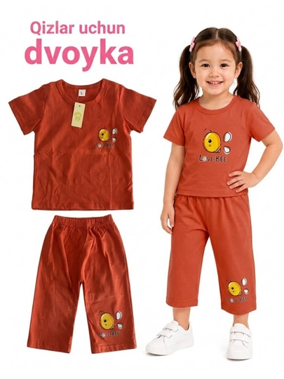 Летний стильный костюм-двойка для девочек, футболка и шорты — YNAKIDS-DVOYKAXBQIZLAR-АЛЫЙ-5 лет