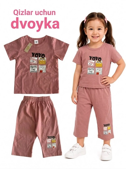 Летний стильный костюм-двойка для девочек, футболка и шорты — YNAKIDS-DVOYKAXBQIZLAR-КОРАЛЛ-4 года