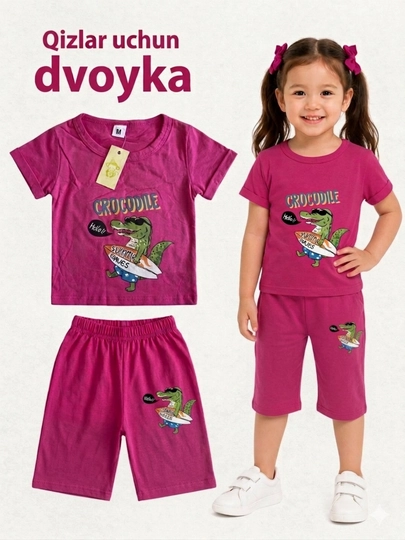 Летний стильный костюм-двойка для девочек, футболка и шорты — YNAKIDS-DVOYKAXBQIZLAR-ВИШН-4 года