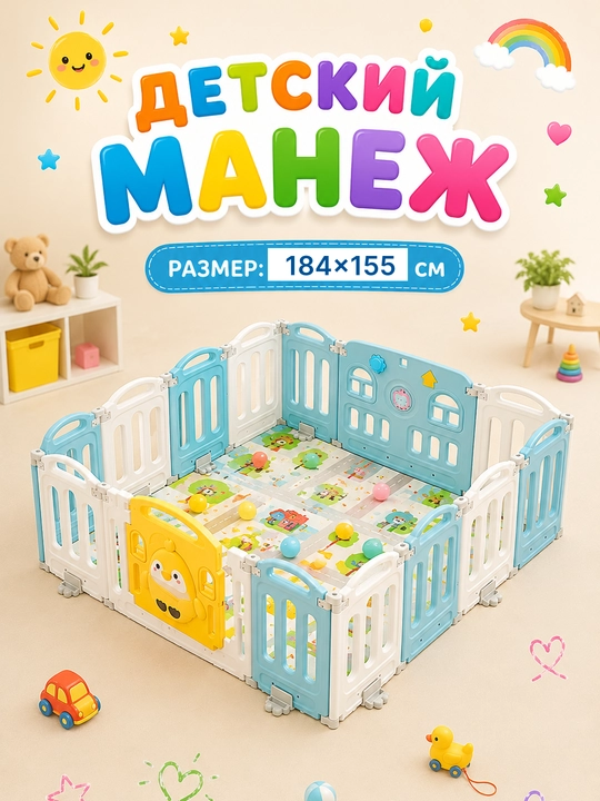 Детский игровой манеж, 184 x 155 см с баскетбольным кольцом и полками для игрушек - 
