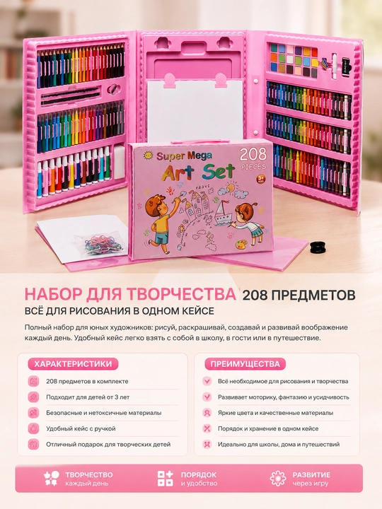 Детский набор для творчества и рисования 208 предметов с фломастерами и красками