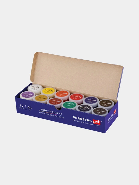 BRAUBERG ART CLASSIC badiiy guash, 40 ml dan bankalardagi 12 xil rangli to‘plam, 191586