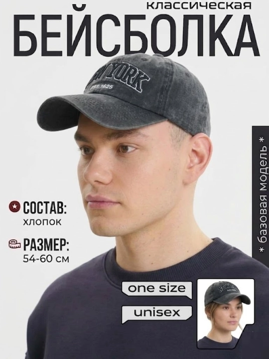 Бейсболка кепка New York унисекс, хлопковая винтажная, размер 54-60 см, регулируемая