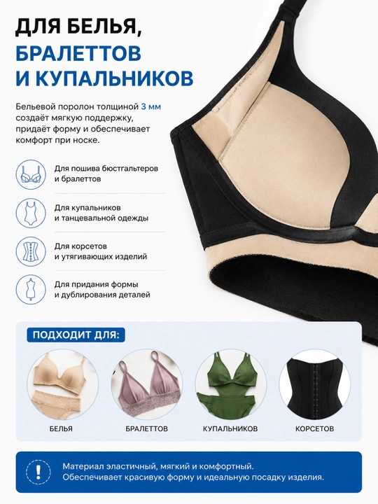 Бельевой поролон 3 мм ламинированный, отрез 50х50 см, черный, белый, темно-синий