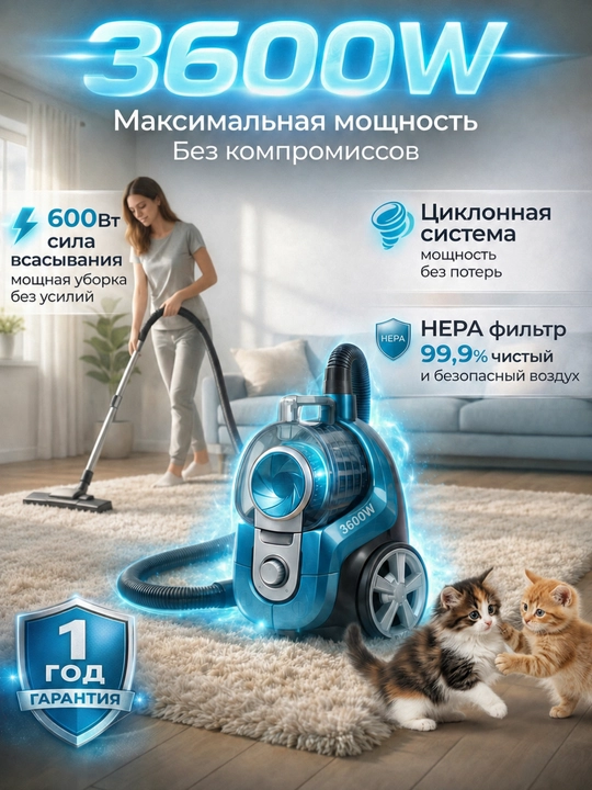 Пылесос Samsung мощный 3600W, инновационный циклонный, телескопической трубой, HEPA фильтр