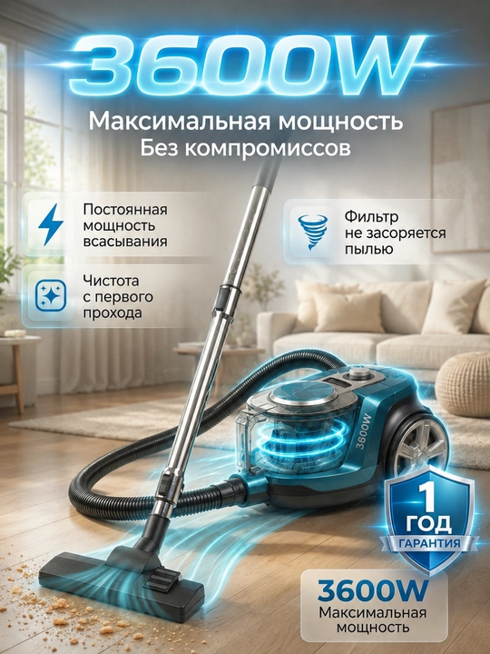 Пылесос Samsung мощный 3600W, инновационный циклонный, телескопической трубой, HEPA фильтр