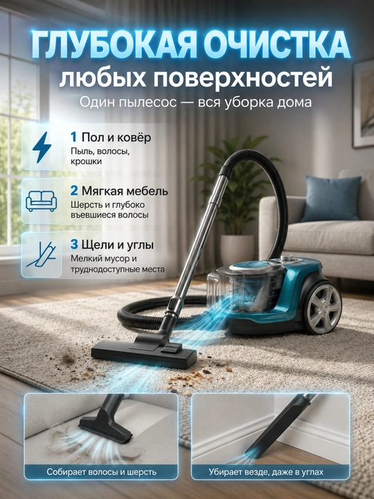 Пылесос Samsung мощный 3600W, инновационный циклонный, телескопической трубой, HEPA фильтр