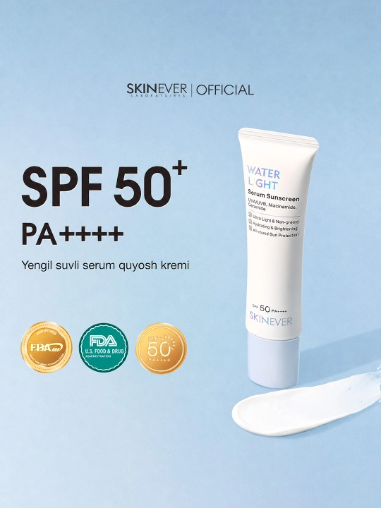 SKINEVER SPF 50+ quyoshdan himoyalovchi zardob, namlantirish va himoya - 
