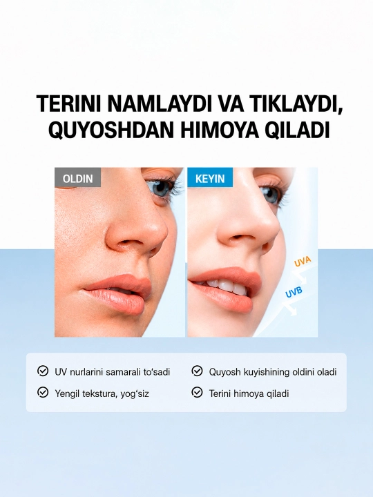 SKINEVER SPF 50+ quyoshdan himoyalovchi zardob, namlantirish va himoya