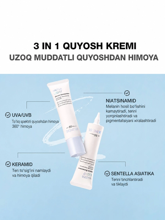SKINEVER SPF 50+ quyoshdan himoyalovchi zardob, namlantirish va himoya