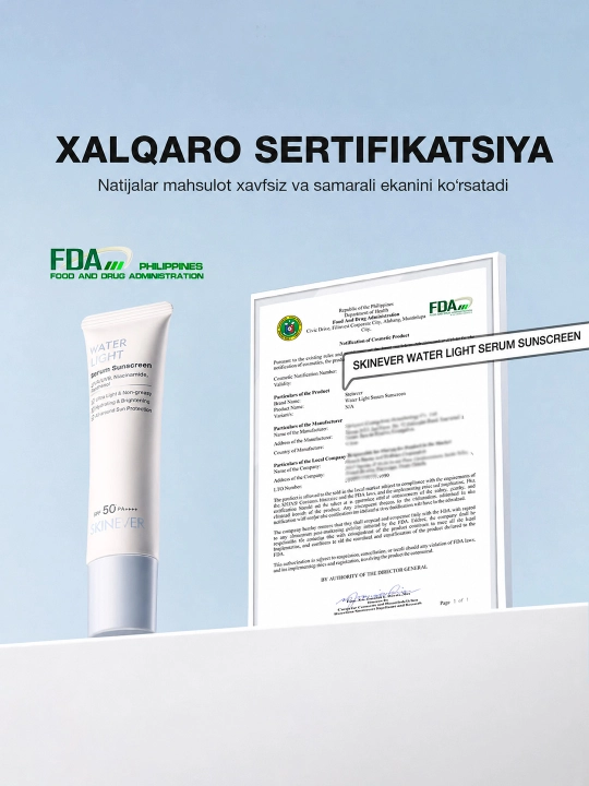 SKINEVER SPF 50+ quyoshdan himoyalovchi zardob, namlantirish va himoya