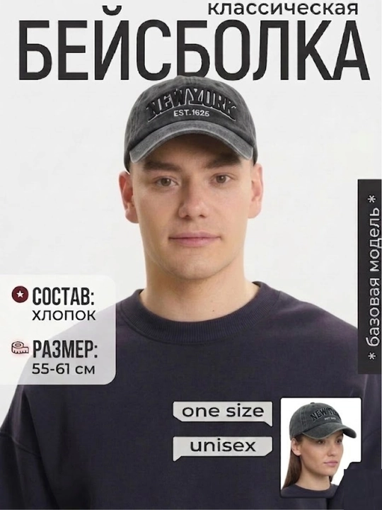 Бейсболка кепка New York винтажная, 100% хлопок, размер 55-61 см