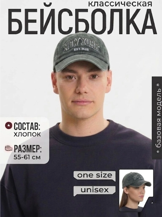 Бейсболка кепка New York винтажная, 100% хлопок, размер 55-61 см