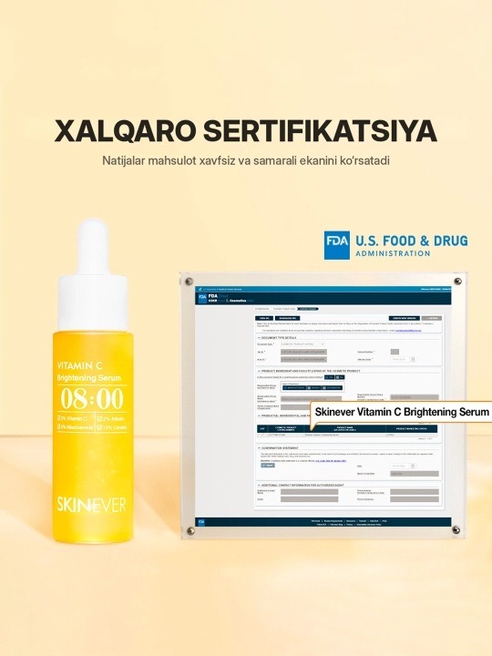 SKINEVER S vitamini, niatsinamid va arbutinli yuz uchun yorituvchi zardob, 30 ml