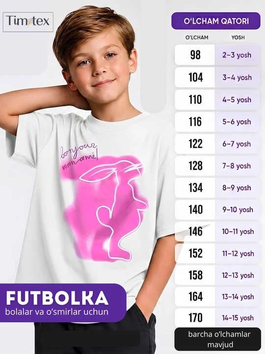 Bolalar asosiy futbolkasi, uniseks, o‘g‘il bolalar va qizlar uchun paxta matosi 98-176 - 