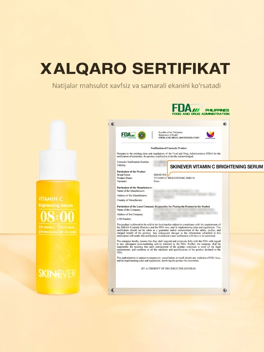SKINEVER S vitamini, niatsinamid va arbutinli yuz uchun yorituvchi zardob, 30 ml