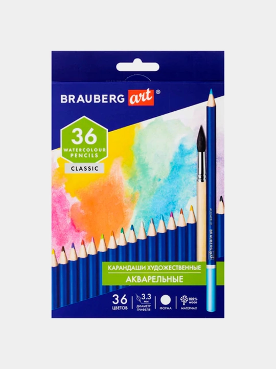 BRAUBERG ART CLASSIC rangli badiiy akvarel qalamlari, 36 rang, grifel 3,3 mm