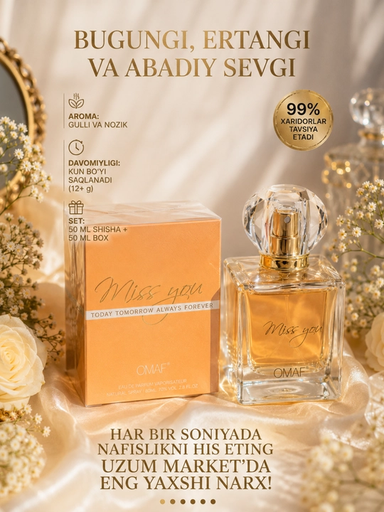 Miss You ayollar atiri 100 ml, gulli va nozik ifor, uzoq saqlanuvchi parfum