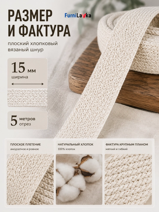 Yassi paxtali shnur 5 m, kiyim, sumka va makrame uchun