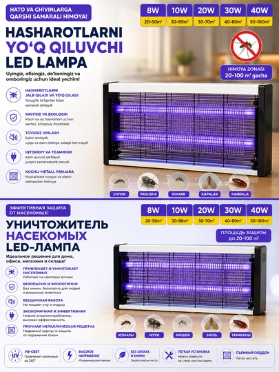 LED лампа для уничтожения насекомых 8W , 10W , 20W , 30W , 40W – защита для дома и бизнеса