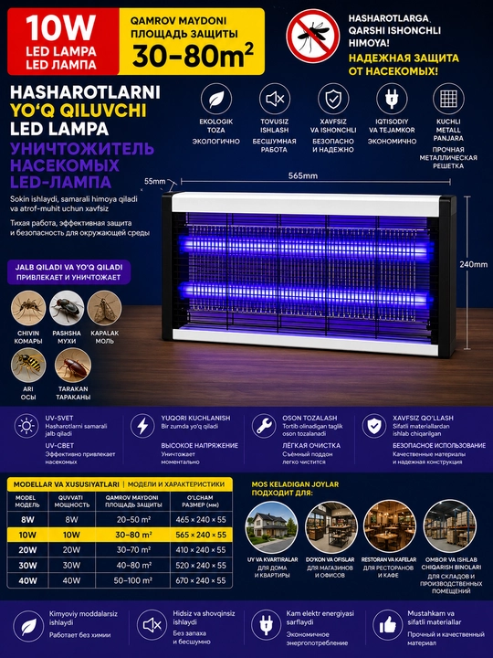 Hasharotlarni yo‘q qilish uchun LED chiroq 8W -  40W - uy va biznes uchun himoya