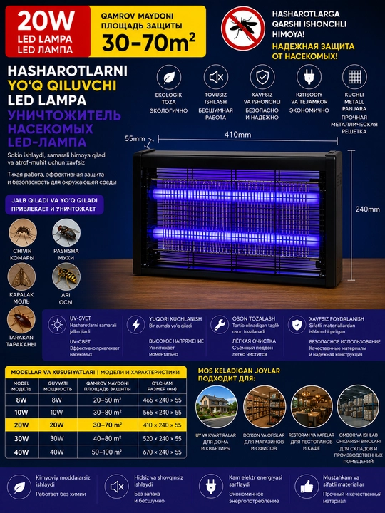 Hasharotlarni yo‘q qilish uchun LED chiroq 8W -  40W - uy va biznes uchun himoya