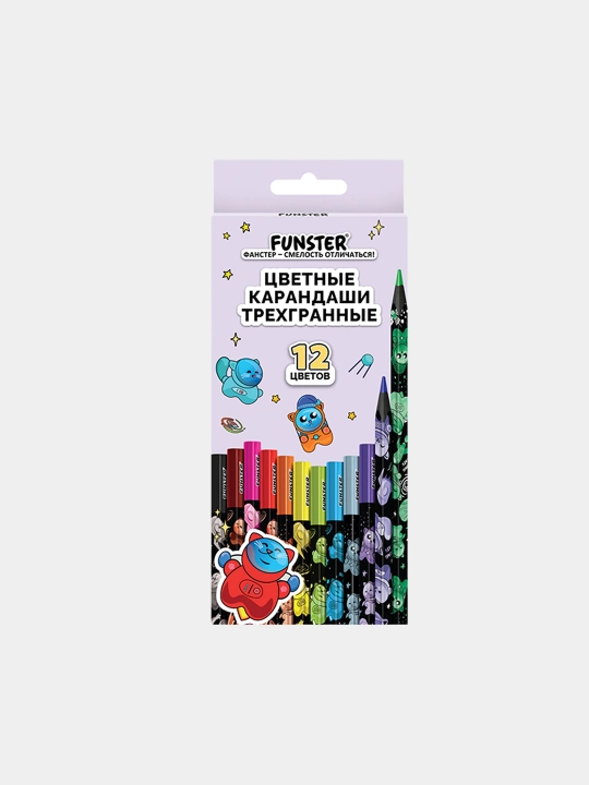 Карандаши цветные FUNSTER (ФАНСТЕР), 12 цв, черный корпус с принтом, трехгранные, 182066 - 