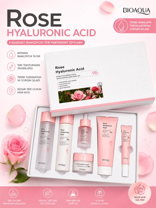 BIOAQUA Rose Hyaluronic Acid Набор для ухода за лицом 6 этапов - 