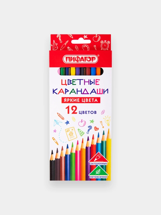 Карандаши цветные ПИФАГОР, 12 цветов, пластиковый шестигранный корпус, 182048 - 