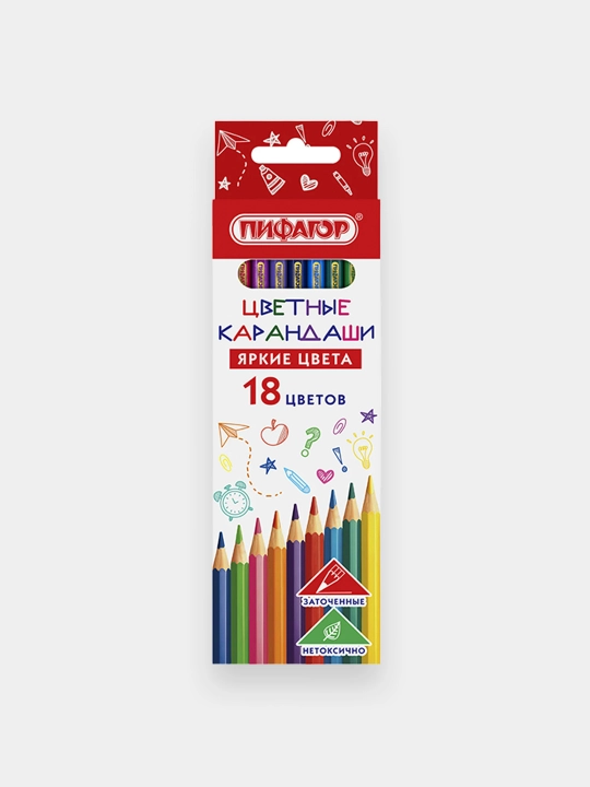 Карандаши цветные ПИФАГОР, 18 цветов, пластиковый шестигранный корпус, 182049 - 