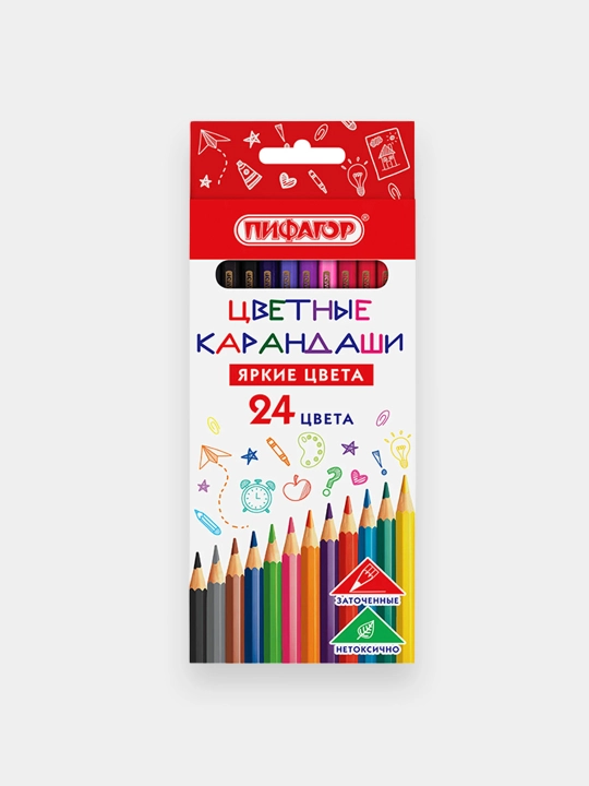 Карандаши цветные ПИФАГОР, 24 цвета, пластиковый шестигранный корпус, 182050 - 
