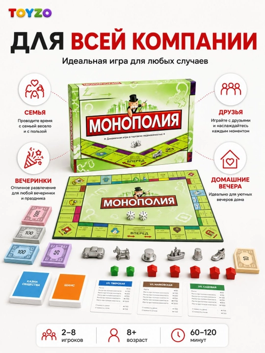Monopoliya stol o‘yini, butun oila uchun, 2–8 o‘yinchi, rivojlantiruvchi o‘yin 8+