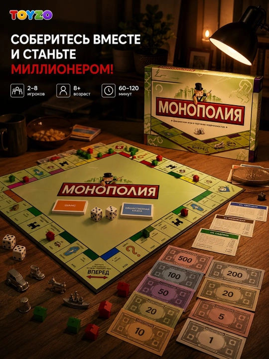 Monopoliya stol o‘yini, butun oila uchun, 2–8 o‘yinchi, rivojlantiruvchi o‘yin 8+