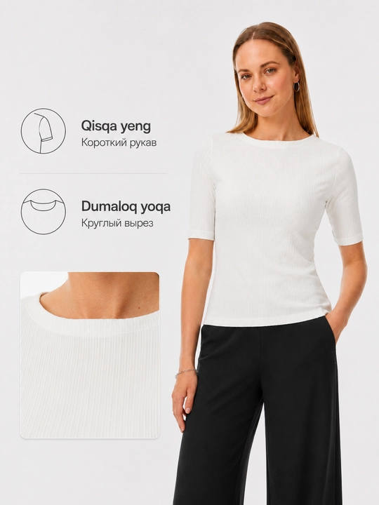Qisqa yengli, yo‘l-yo‘l asosiy ayollar ust kiyimi, oq