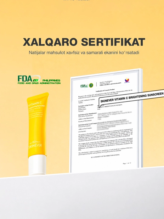 SKINEVER Vitamin C SPF 50+ PA++++ oqartiruvchi quyoshdan himoya kremi