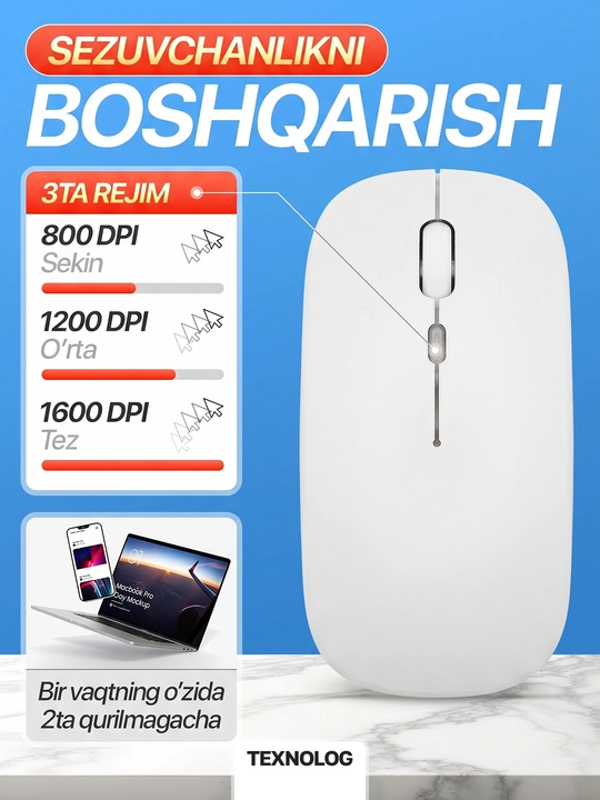 Simsiz kompyuter sichqonchachi, tovushsiz, RGB, Bluetooth