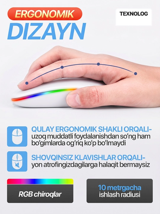 Simsiz kompyuter sichqonchachi, tovushsiz, RGB, Bluetooth