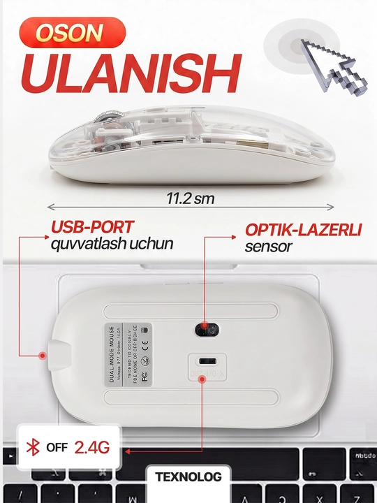 Simsiz kompyuter sichqonchachi, tovushsiz, RGB, Bluetooth