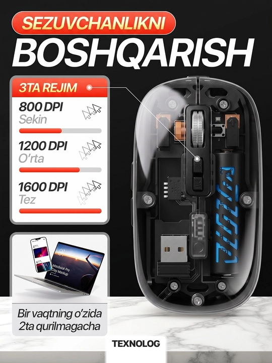 Simsiz kompyuter sichqonchachi, tovushsiz, RGB, Bluetooth