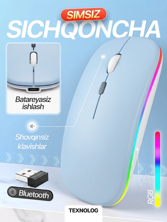 Simsiz kompyuter sichqonchachi, tovushsiz, RGB, Bluetooth