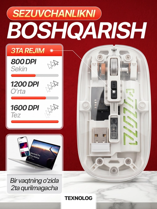 Simsiz kompyuter sichqonchachi, tovushsiz, RGB, Bluetooth