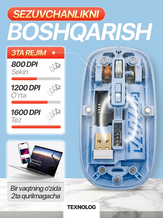 Simsiz kompyuter sichqonchachi, tovushsiz, RGB, Bluetooth