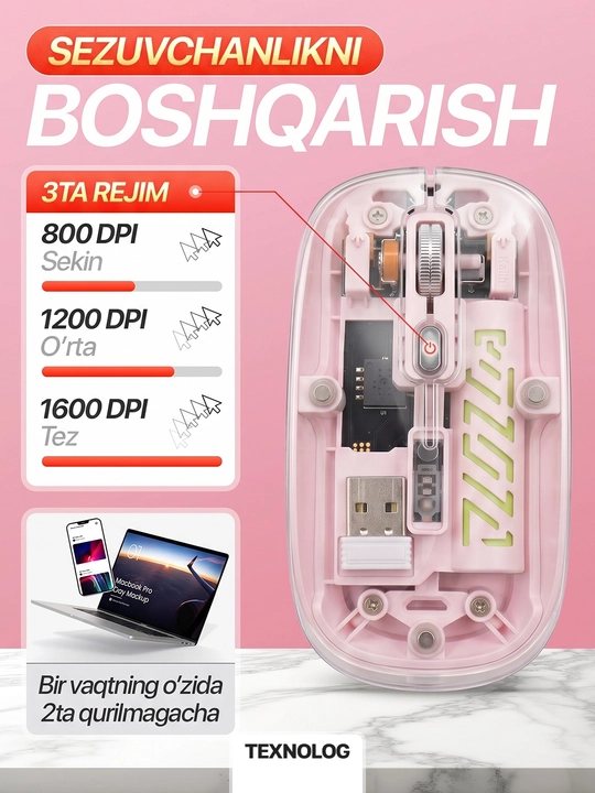 Simsiz kompyuter sichqonchachi, tovushsiz, RGB, Bluetooth