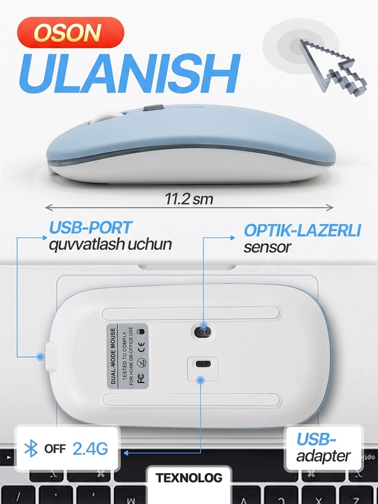 Simsiz kompyuter sichqonchachi, tovushsiz, RGB, Bluetooth