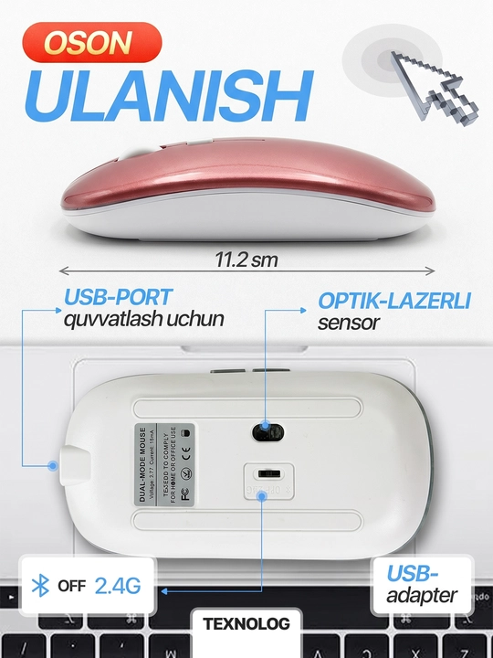 Simsiz kompyuter sichqonchachi, tovushsiz, RGB, Bluetooth