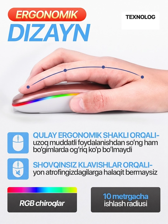 Simsiz kompyuter sichqonchachi, tovushsiz, RGB, Bluetooth
